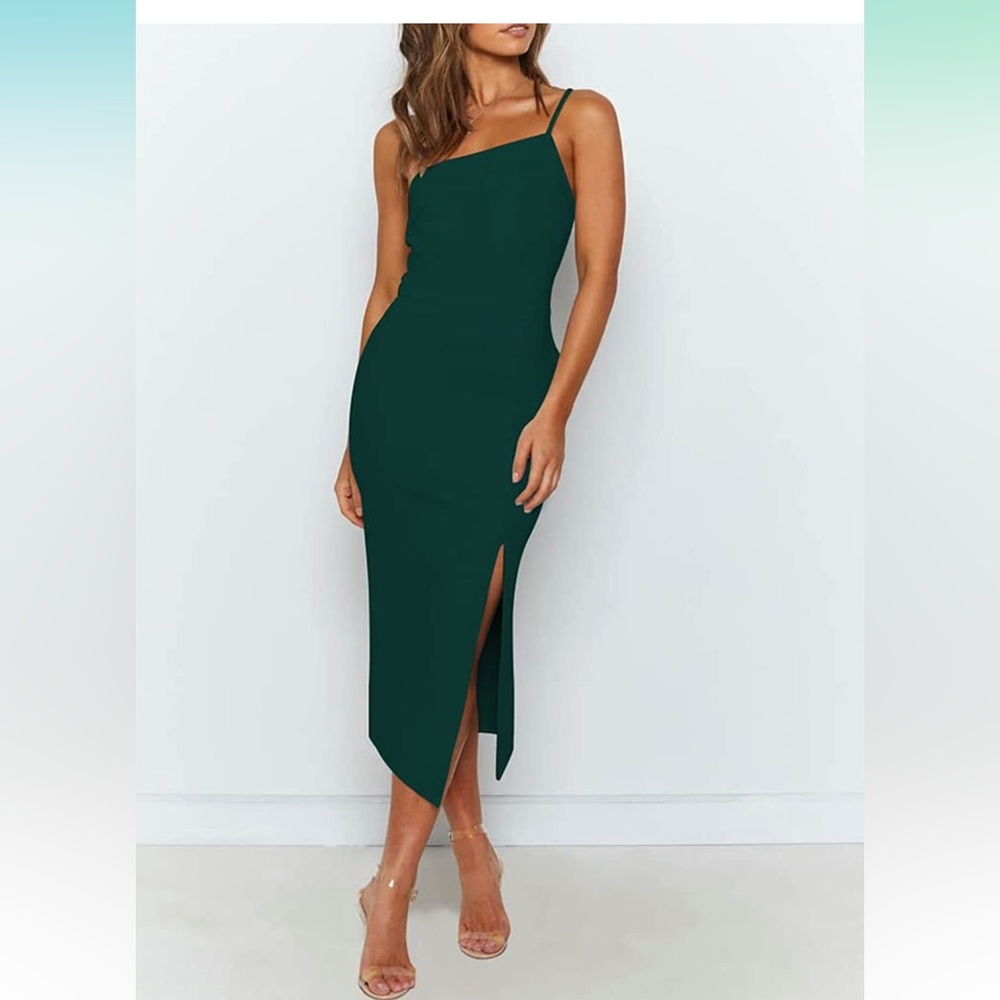 Adjustable Spaghetti Straps High Waist Split Midi Bodycon Cocktail Party Dress